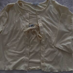 Fashion Nova Cream Ribbed Button-Down Top with Tie Front